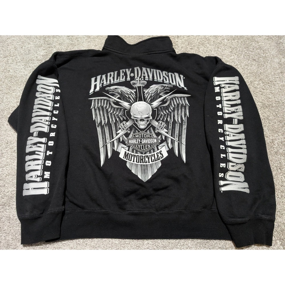 Harley Davidson Black Sweatshirt Men XL Motorcycle 1/4 Zip Skull Eagle Wisconsin